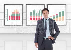 Businessman standing with colorful chart statistics on wall boards