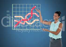 Businesswoman presenting with colorful grid chart statistics