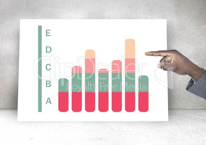 Hand pointing at whiteboard with colorful chart statistics