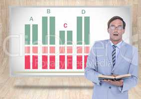 Businessman reading book with colorful chart statistics