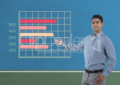 Businessman explaining with colorful grid chart statistics