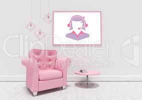 Woman with headset on picture in pink room