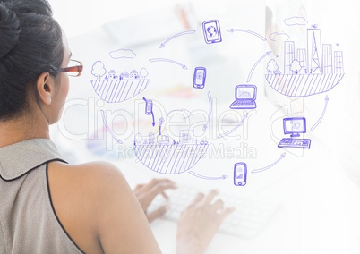 Business woman writing on computer with graph overlays