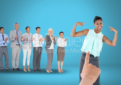 Hand choosing a business woman on blue background with business people