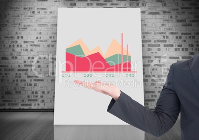 Business hand open with colorful chart statistics on whiteboard