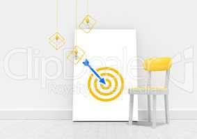 Arrow and target icon on blank board in room