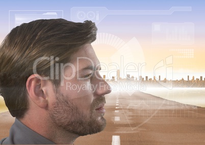 Man with interface overlay and city in background Man with interface overlay and city in background