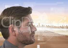 Man with interface overlay and city in background