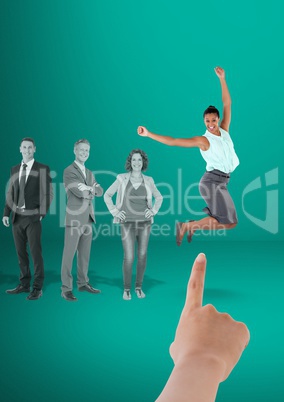 Hand choosing a business woman on a green background with business people