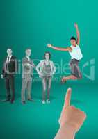 Hand choosing a business woman on a green background with business people