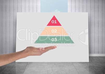 Hand open with white board with colorful triangular chart statistics
