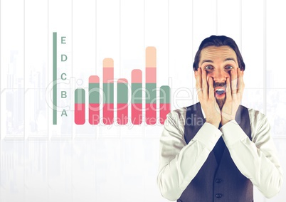 Man surprised with colorful chart statistics