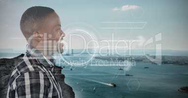 Man looking at city dock with digital interface over head