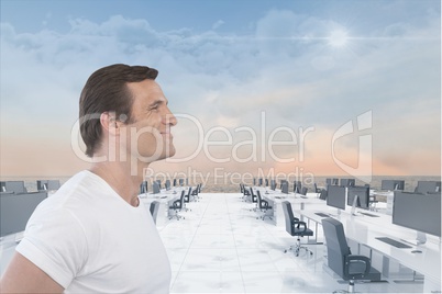 Man smiling on office on water