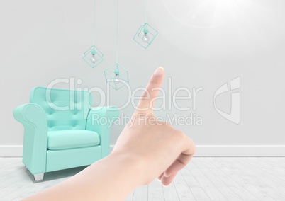 Hand pointing at wall in sitting room