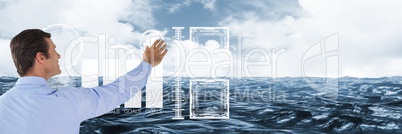 Man touching interface with sea background