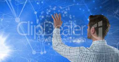 Woman touching web of icons with blue background