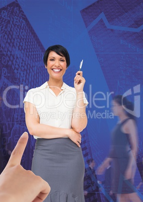 Hand choosing a business woman on blue background with business people walking