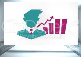 Businessman with chart statistics icon on white board