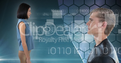 Man and woman looking forward in digital world