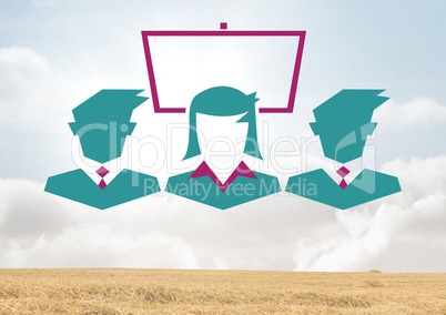 Business people icons and screen in sky over field