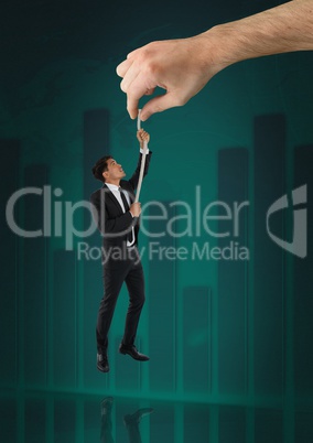 Hand choosing a man with a rope on a green background with graph