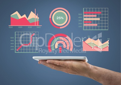 Hand holding tablet with colorful chart statistics