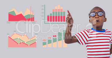 Boy pointing with colorful chart statistics