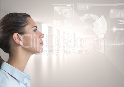 Woman looking at interface overlay