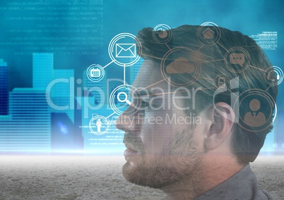 Man with city at back and interface overlay in front