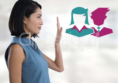 Businesswoman raising hand with business people icons