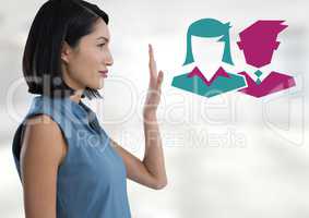 Businesswoman raising hand with business people icons