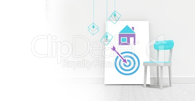Business target and arrow with house icon on white board with chair
