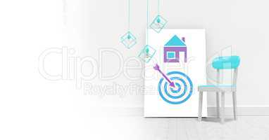 Business target and arrow with house icon on white board with chair