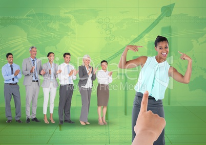 Hand choosing a business woman on green background with graph and business people
