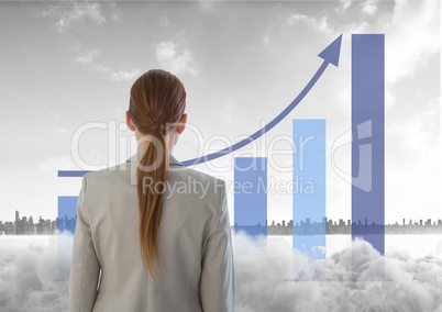 Woman looking out at city with a graph and smoke in front of her
