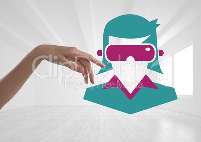 Hand pointing with businesswoman VR headset icon