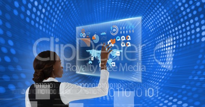 Woman touches screen with binary overlay