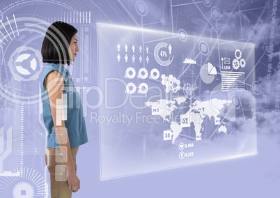 Woman surrounded in interfaces looking forward
