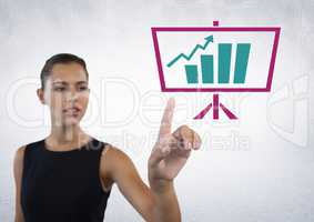 Hand pointing with business chart statistics on screen icon