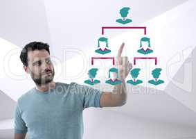 Hand pointing with business people icons connected tree