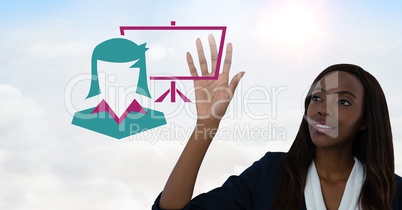 Hand interacting with businesswoman and screen icon