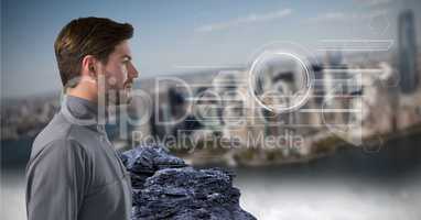 Man looking at interface over city background