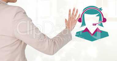 Hand interacting with woman icon wearing headset for customer service