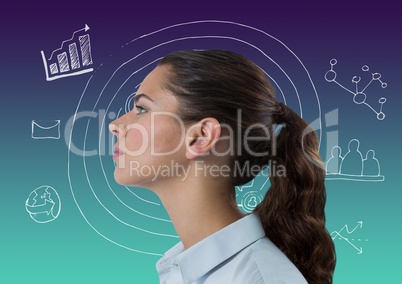 Woman with gradient background and interface doodle overlay