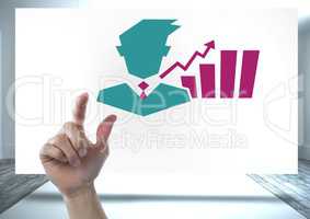 Hand pointing with businessman and chart statistics icon on white board