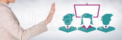 Hand interacting with business people and screen icon
