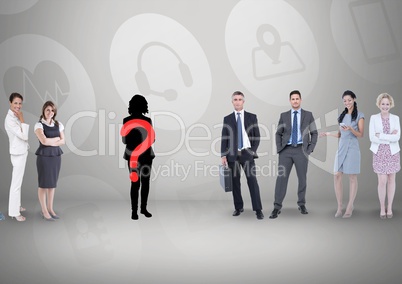 Question mark on silhouette with business people