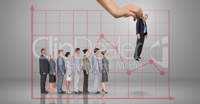 Hand choosing a business man on grey background with graph and business people
