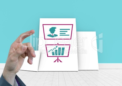 Hand pointing with Business Charts on white boards